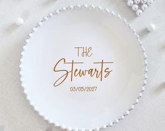 Personalized Wedding Cake Plate, Pearl-Rim Ceramic, Custom Names Date, Engraved Couple Keepsake, Wedding Gift