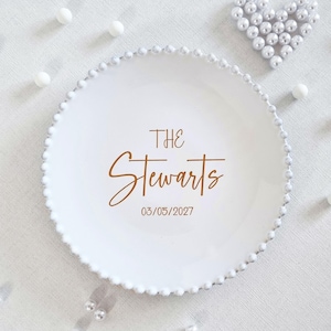 Personalized Wedding Cake Plate, Pearl-Rim Ceramic, Custom Names Date, Engraved Couple Keepsake, Wedding Gift