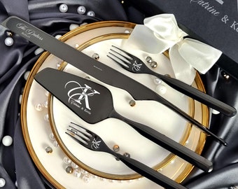 Black Wedding Cake Cutting Set with Forks - Engraved Knife and Server - Industrial Modern Style - Gift Box - Bridal Shower - Couple Gift