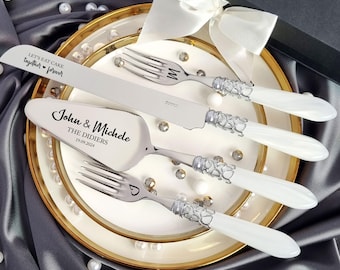 Personalized Wedding Cake Cutting Set – White Pearl, Engraved Knife & Server