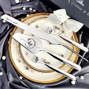Silver Wedding Cake Cutting Set with Forks - Engraved Knife and Server - Modern Style - Gift Box - Bridal Shower - Elegant Keepsake Gift