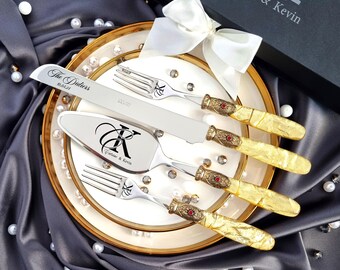 Personalized Gold Fabric Wedding Cake Cutting Set, Vintage Style Silver Knife Server Forks, Cake Cutter Custom Gift Box