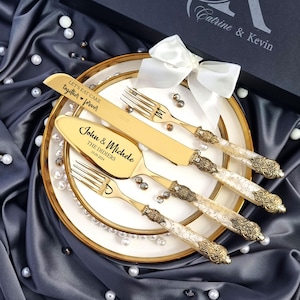 Gold Plated Cake Cutting Set 4 Piece Champagne Ornate Pearl Handles Custom Storage Box