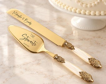 Gold Wedding Gift for Couple Personalized Cake Cutting Set Champagne-Pearl Handles Engraved Knife Server