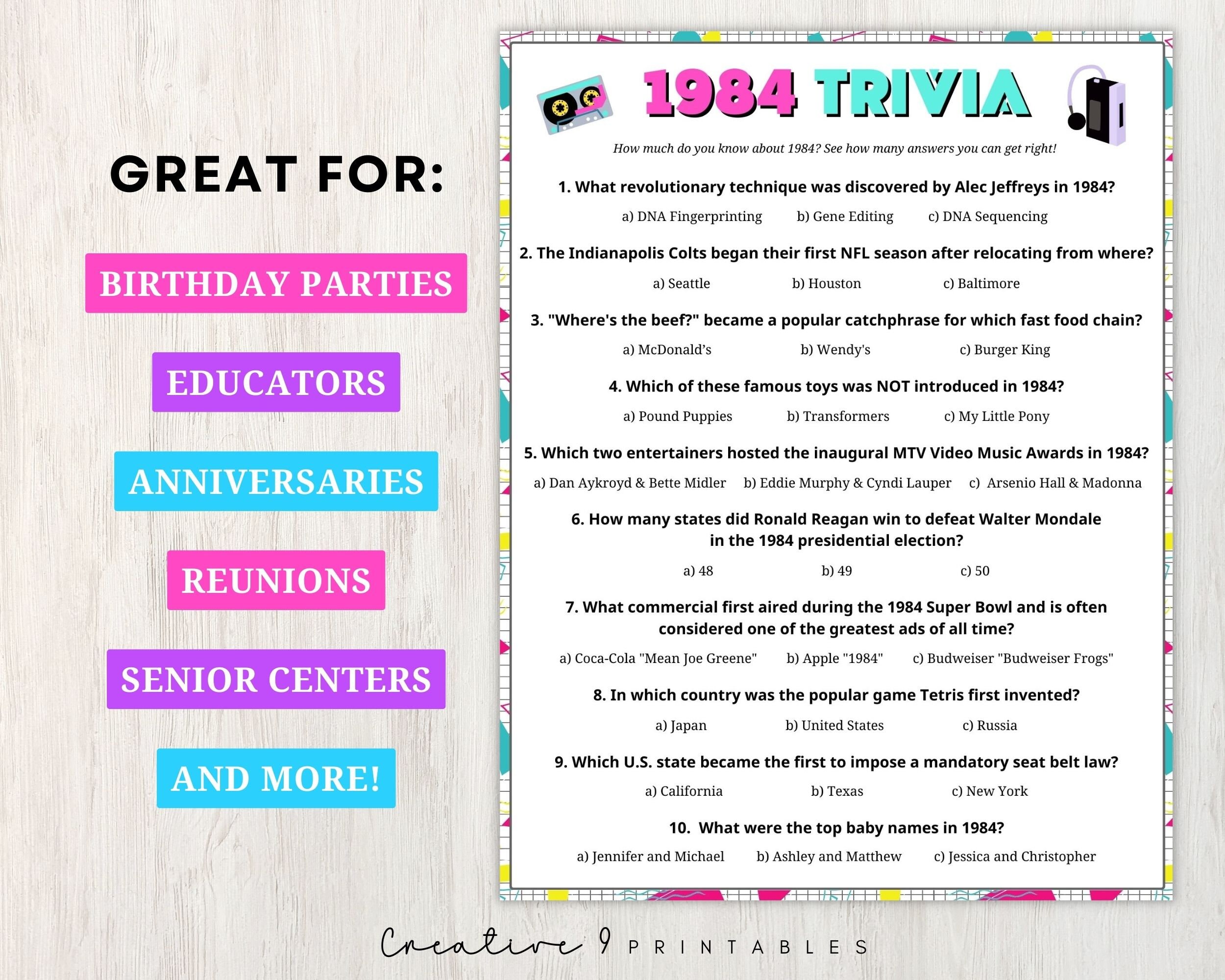 1984 trivia party game - printable for 41st birthday, reunion, or