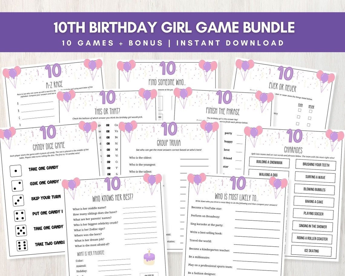 10th Birthday Girl Game Bundle, 10 Printable Party Games + Bonus for ...