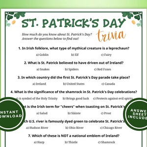 St. Patrick&#39;s Day Trivia Game for Kids and Adults, 10 Printable St. Paddy&#39;s Trivia Questions with Multiple Choice Answers, Instant Download