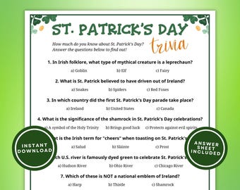 St. Patrick's Day Trivia Game for Kids and Adults, 10 Printable St. Paddy's Trivia Questions with Multiple Choice Answers, Instant Download