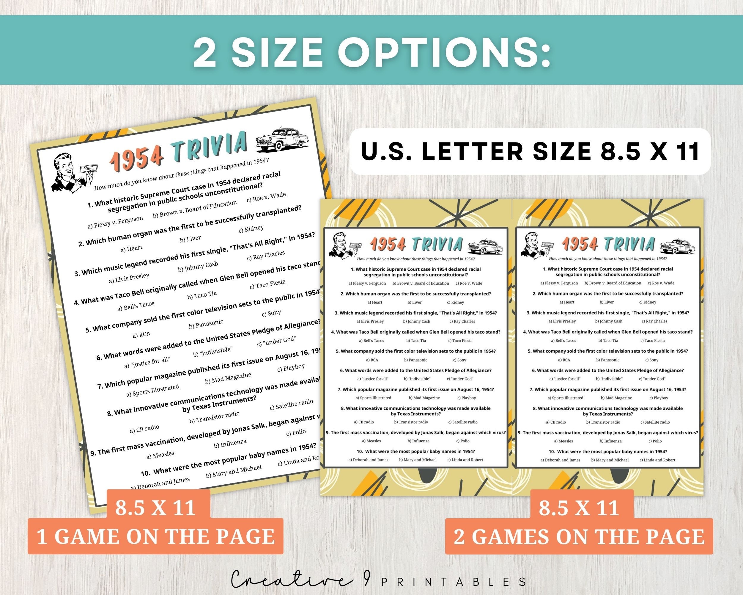 1954 Trivia With Answers, Printable 70th Birthday Game, 10 Fun Quiz ...