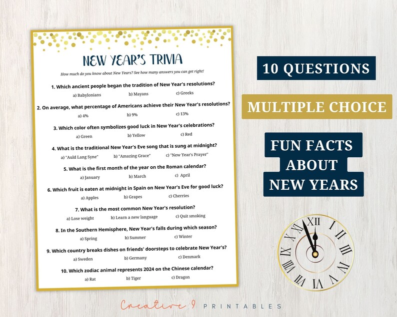Printable New Year Trivia Game for Adults and Kids, 10 New Year's Trivia Questions With Answers ...