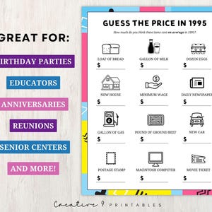May include: A printable game card with a retro 90s theme. The card has a blue, pink, and yellow background with black text and icons. The text reads "Guess the Price in 1995" and lists various items with a space to write in the price. The items include a loaf of bread, a gallon of milk, a dozen eggs, a new house, minimum wage, a daily newspaper, a gallon of gas, a pound of ground beef, a new car, a postage stamp, a Macintosh computer, and a movie ticket.