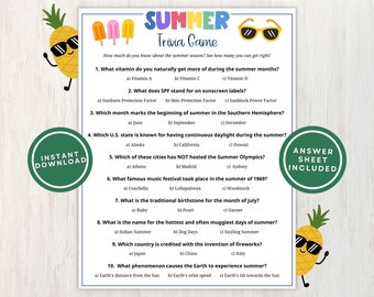 Juego imprimible de trivia de verano para niños y adultos, 10 preguntas de verano con respuestas de opción múltiple ideal para fiestas, descarga instantánea