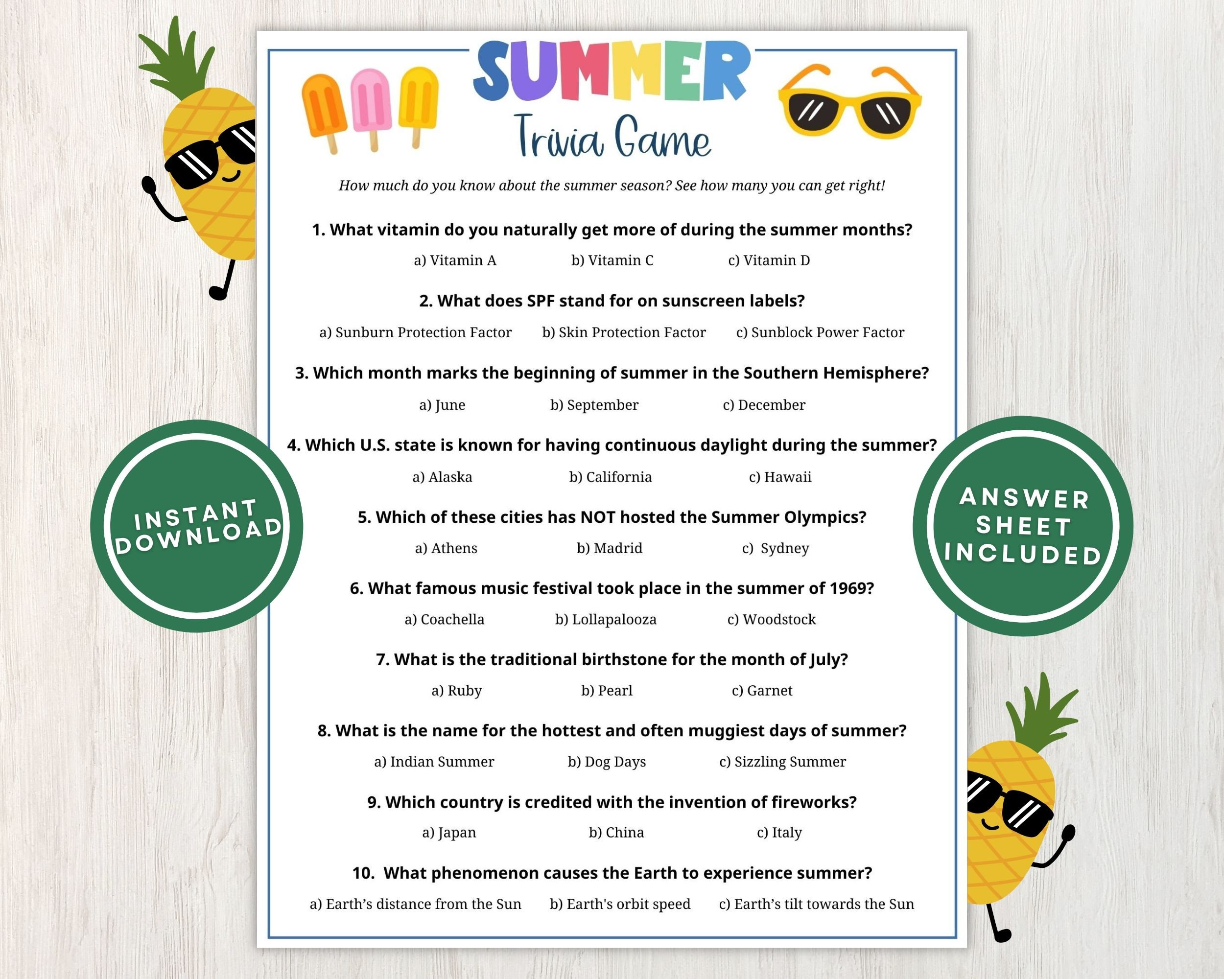 Summer Trivia Printable Game for Kids and Adults, 10 Summertime ...