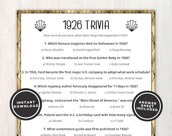 1926 Trivia with Answers, Printable 100th Birthday Game, 10 Fun Quiz Questions About Back in 1926 for Party Guests to Play, Instant Download
