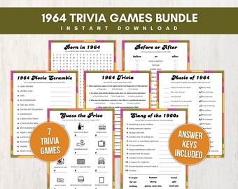 1964 Trivia Game Bundle for Adults, Seven Fun Printable 61st Party Games w/ Answers for Birthday, Anniversary, or Reunion, Instant Download
