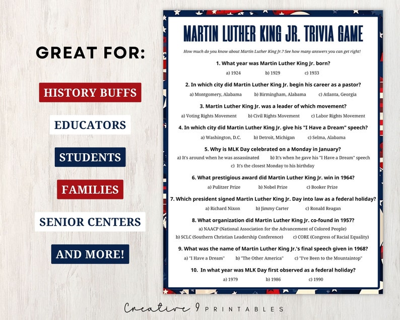 Printable Martin Luther King Trivia Game for Kids and Adults, 10 MLK