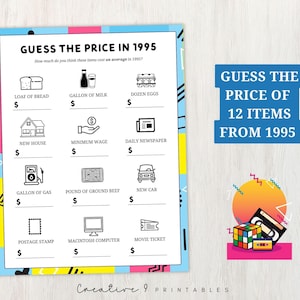 May include: A printable game card with a retro 90s theme. The card has a blue background with pink and yellow accents. The title is "Guess the Price in 1995". The card has a list of 12 items with a space to write in the price. The items include a loaf of bread, a gallon of milk, a dozen eggs, a new house, minimum wage, a daily newspaper, a gallon of gas, a pound of ground beef, a new car, a postage stamp, a Macintosh computer, and a movie ticket.