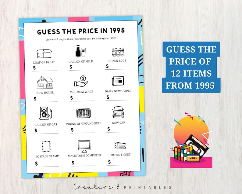 May include: A printable game card with a retro 90s theme. The card has a blue background with pink and yellow accents. The title is "Guess the Price in 1995". The card has a list of 12 items with a space to write in the price. The items include a loaf of bread, a gallon of milk, a dozen eggs, a new house, minimum wage, a daily newspaper, a gallon of gas, a pound of ground beef, a new car, a postage stamp, a Macintosh computer, and a movie ticket.