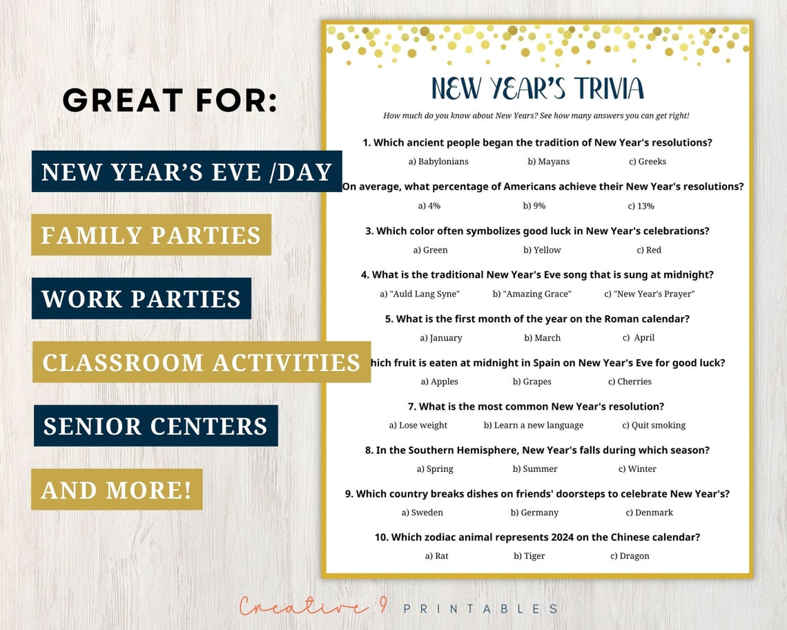 Printable New Year Trivia Game for Adults and Kids, 10 New Year's ...