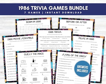 1986 Trivia Bundle for Adults and Kids, Printable 40th Birthday, Anniversary, or Reunion Party Games, Born in 1986, Instant Download