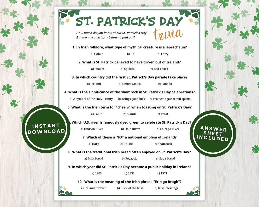 St. Patrick's Day Trivia Game for Kids and Adults, 10 Printable St ...
