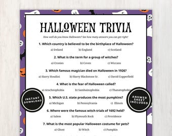 Può includere: Un foglio di gioco a quiz di Halloween con un bordo viola decorato con fantasmi, pipistrelli e zucche. Il testo recita Halloween Trivia, How well do you know Halloween? Include sette domande a risposta multipla sul tema festivo.