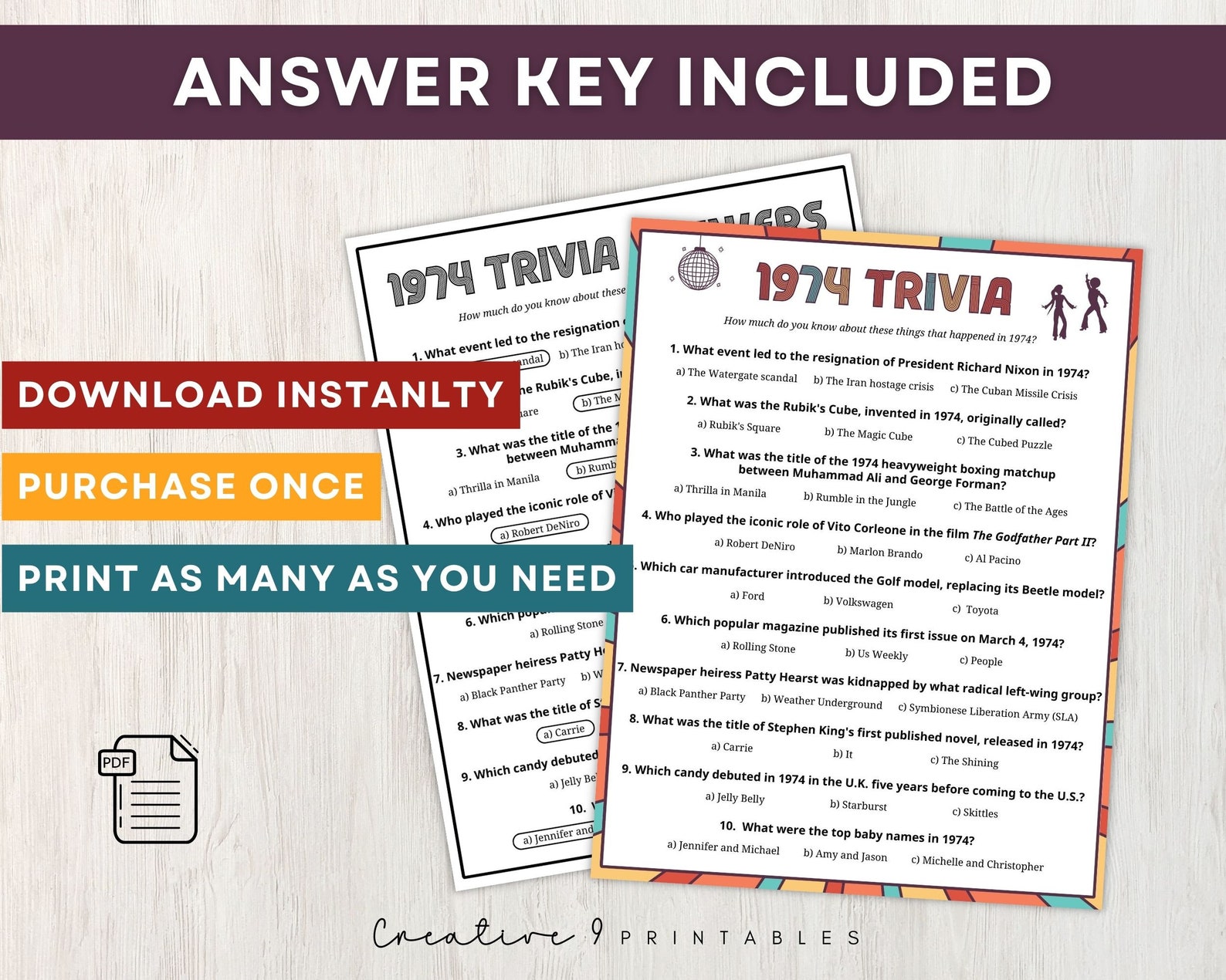 1974 Trivia With Answers, Printable 51st Birthday, Reunion, or ...