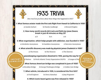 1935 Trivia Game, 90e verjaardag Trivia Game, ver terug in 1935, 90e verjaardagsfeestje, geboren in 1935 Afdrukbare quiz, direct downloaden