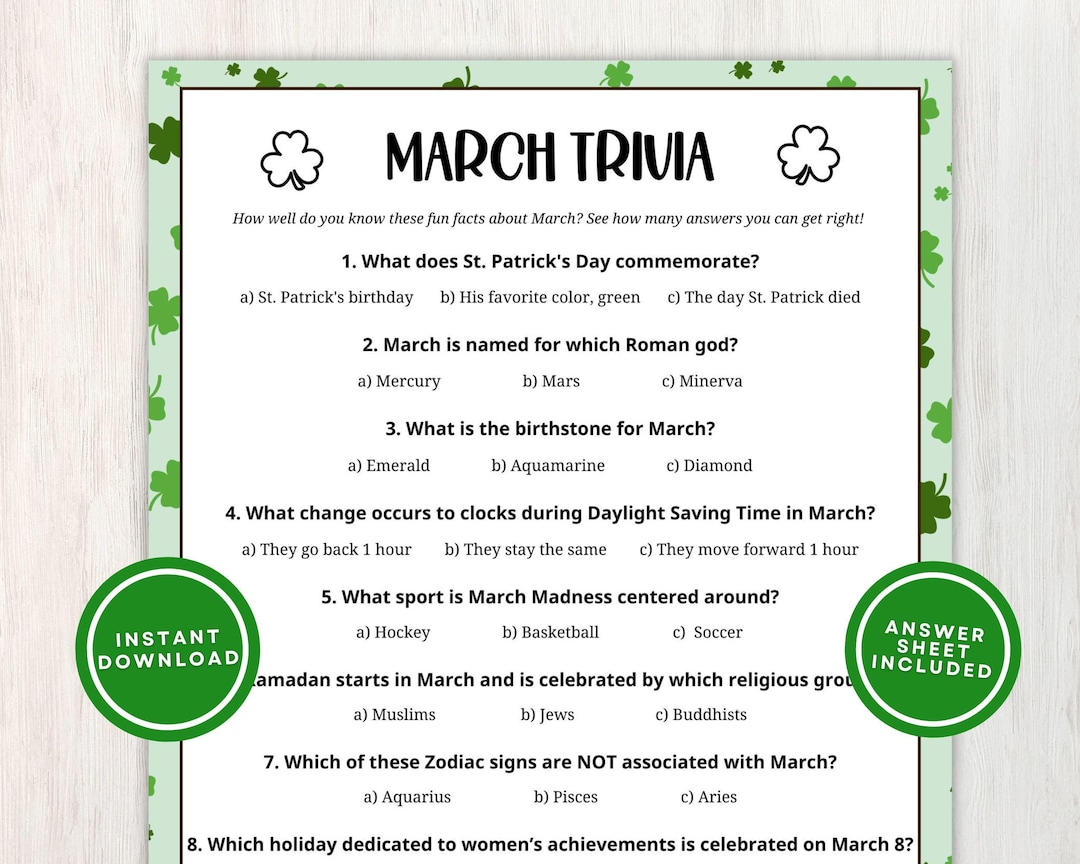 March Trivia Printable Game for Kids and Adults, 10 Fun Facts Quiz ...
