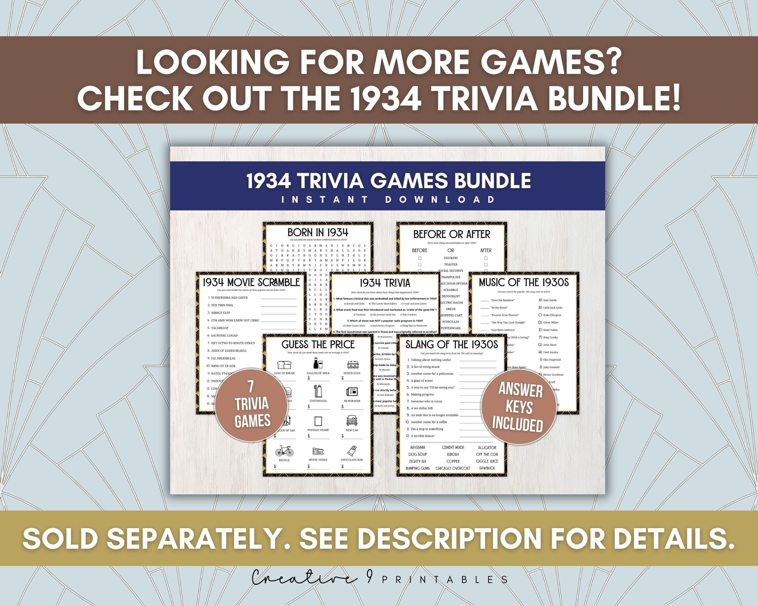 1934 Trivia With Answers, Printable 90th Birthday Game, 10 Fun Quiz ...