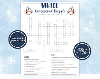 Printable Winter Crossword Puzzle for Kids and Adults, Fun Winter Word Game for Family Game Night or Classroom Activities, Instant Download