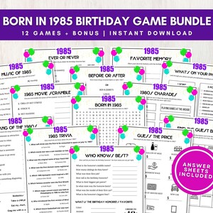 Pacchetto di quiz &quot;Born in 1985&quot;, giochi per feste di compleanno del 40° compleanno con risposte, attività divertenti per gruppi numerosi, ricordo bonus, download immediato