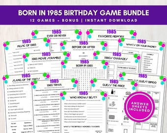 Born in 1985 Trivia Bundle, 40th Birthday Party Games w/ Answers, Fun Activities for Large Groups, Bonus Memory Keepsake, Instant Download
