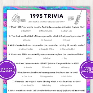 1995 Trivia with Answers, Printable 30th Birthday, Reunion, or Anniversary Party Game, 10 Fun Questions About Back in 1995, Instant Download