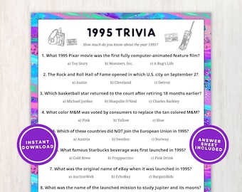 1995 Trivia with Answers, Printable 30th Birthday, Reunion, or Anniversary Party Game, 10 Fun Questions About Back in 1995, Instant Download