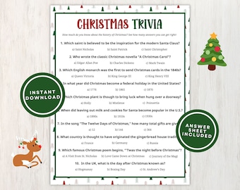 Printable Christmas Trivia Game for Adults and Kids, 10 Christmas Trivia Questions and Answers Great for Christmas Parties, Instant Download