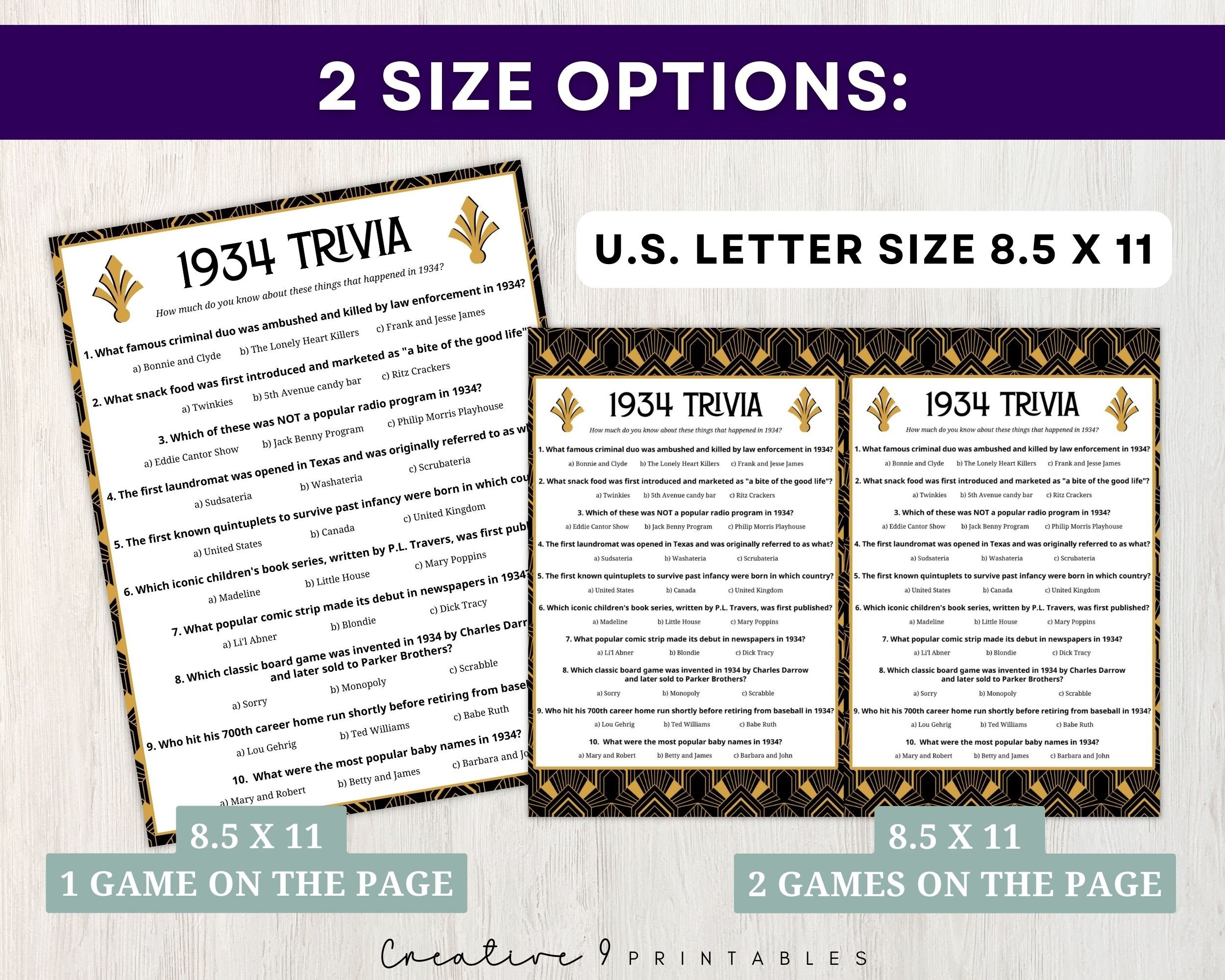 1934 Trivia With Answers, Printable 90th Birthday Game, 10 Fun Quiz ...