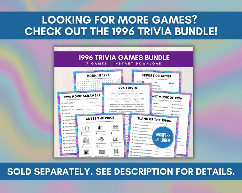 1996 Trivia Questions With Answers, Printable 30th Birthday, Reunion ...