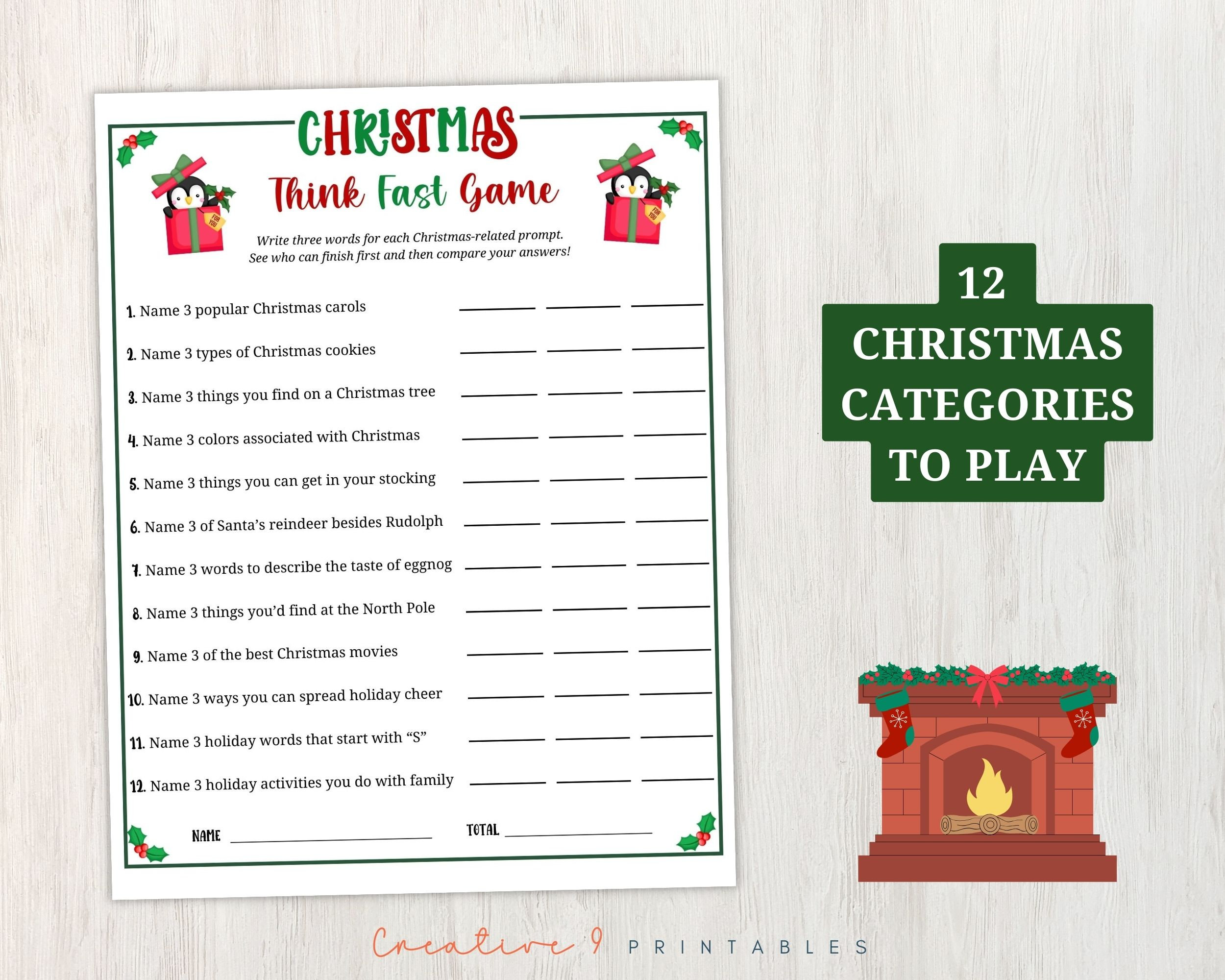 Printable Think Fast Christmas Game for Kids and Adults, Family Christmas Party Idea, Fun