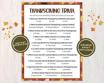 Thanksgiving Trivia Game Printable for Kids and Adults, 10 Thanksgiving Trivia Questions w/ Multiple Choice, Fun for Groups Instant Download