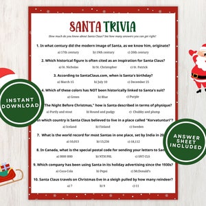Printable Santa Trivia Game for Adults and Kids, 10 Fun Santa Trivia Questions with Answers Great for Christmas Parties, Instant Download