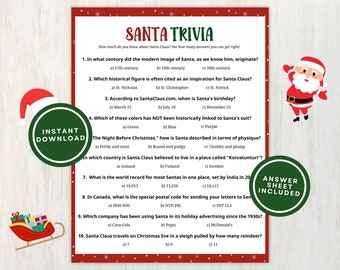 Printable Santa Trivia Game for Adults and Kids, 10 Fun Santa Trivia Questions with Answers Great for Christmas Parties, Instant Download