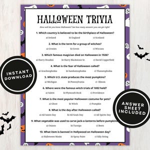 May include: Purple and orange Halloween trivia game with 10 questions. The questions are about Halloween traditions, history, and folklore. The answer sheet is included.