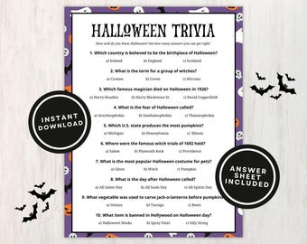 Printable Halloween Trivia Game for Kids and Adults, 10 Halloween Trivia Questions with Multiple Choice Answers, Instant Download