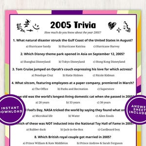 2005 Trivia with Answers, Printable 20th Birthday, Reunion, or Anniversary Party Game, 10 Fun Questions About Back in 2005, Instant Download