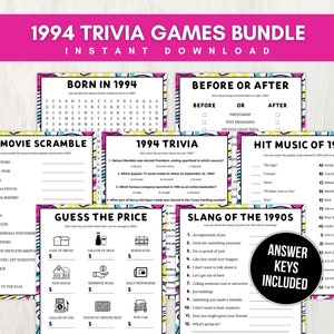 Può includere: Un pacchetto di giochi di trivia del 1994 stampabile, con uno schema di colori rosa, giallo e blu. I giochi includono "Nato nel 1994", "Prima o dopo", "Scramble di film del 1994", "Trivia del 1994", "Hit Music del 1994", "Indovina il prezzo" e "Gergo degli anni '90".