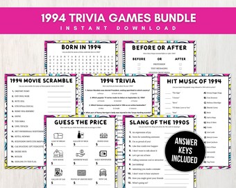 1994 Trivia Bundle for Adults, 7 Fun Printable 31st Birthday Party Games w/ Answers for Birthday, Anniversary, or Reunion, Instant Download