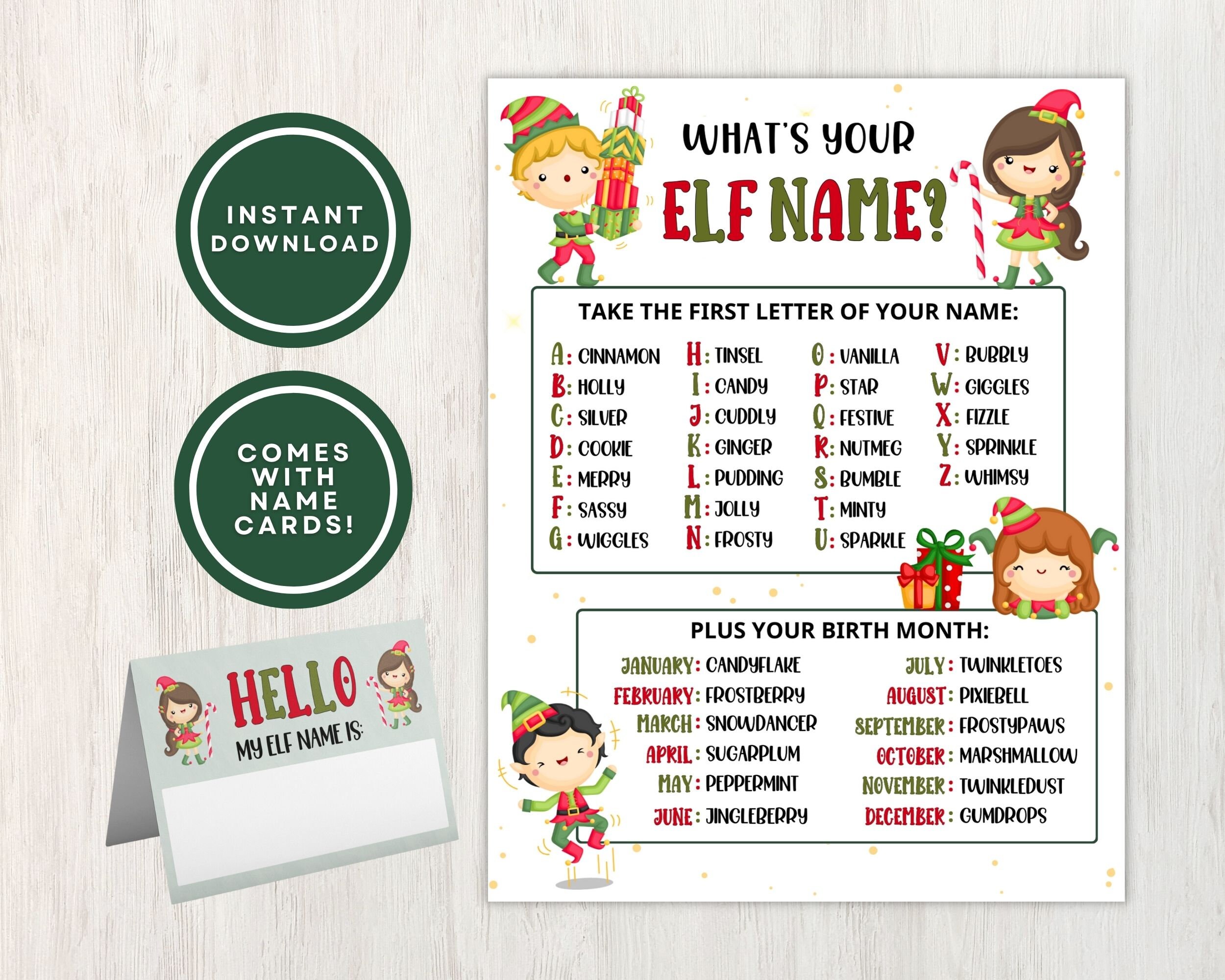 Printable What's Your Elf Name Christmas Game for Kids and Families, What's Your Christmas Name with Printable Name Tags, Instant Download