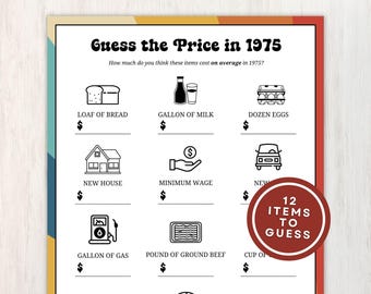 1975 Guess the Price Game, 50th Birthday Party Games, Back in 1975 Trivia Game, 50th Birthday Ideas, Prices Guessing Game, Instant Download