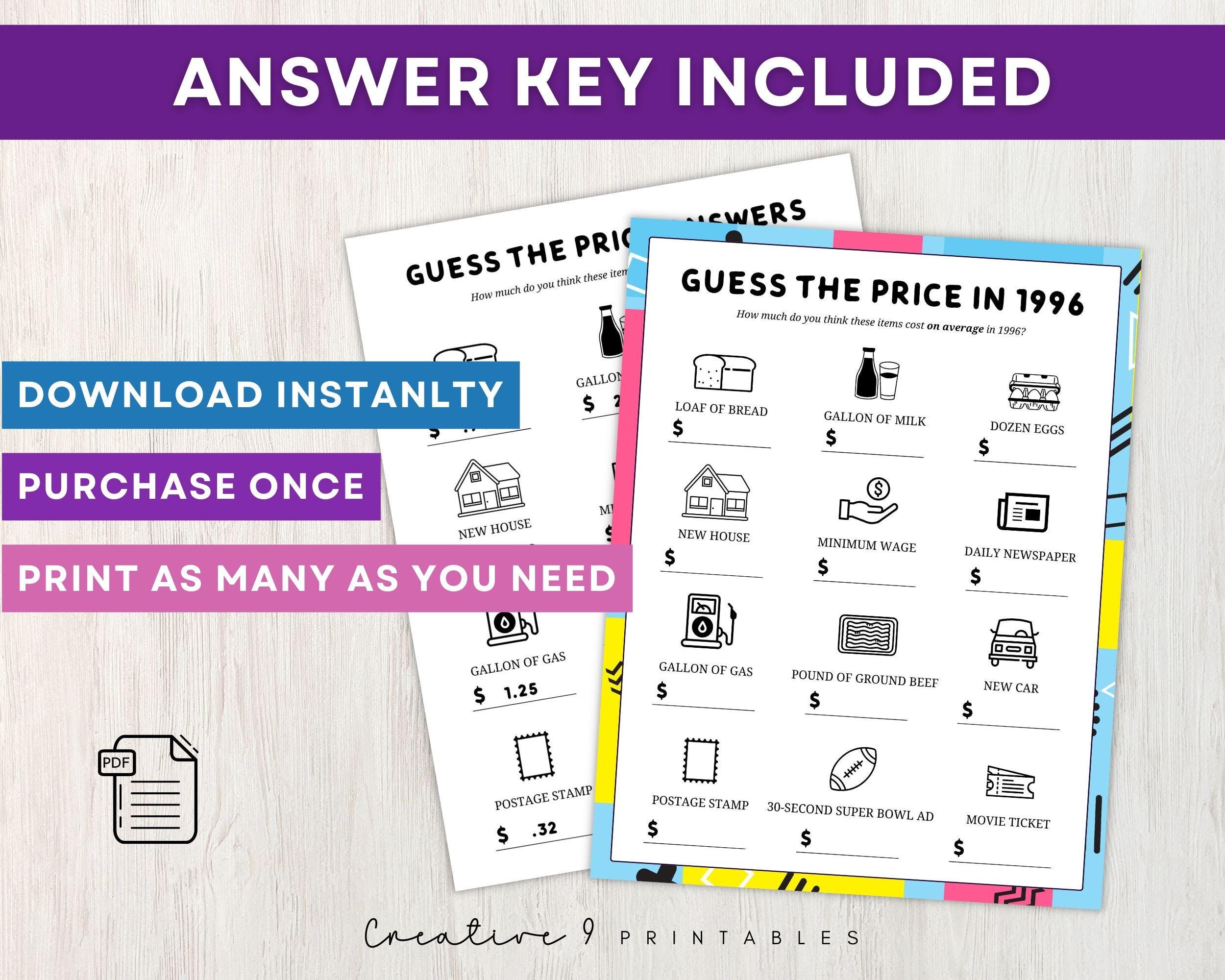 Price Trivia 1996 Guess the Price Trivia Game, 30th Birthday, Anniversary, or ...